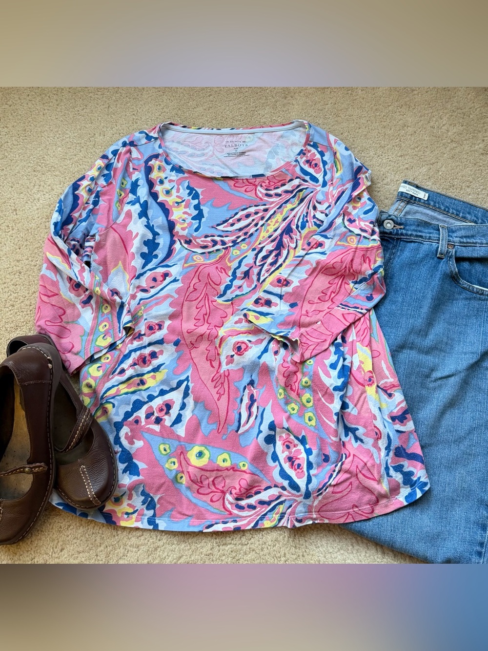 Talbots Pink & Blue Paisley Tee Shirt - Size 1X - VGUC - Stretch - Elbow Sleeves